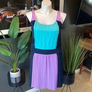 Betsey Johnson Pleated Sleeveless Navy Blue, Teal and Lilac Midi Dress